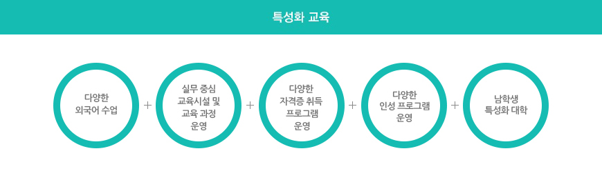 특성화 교육 : 다양한 외국어 수업 + 실무 중심 교육시설 및 교육 과정 운영 + 다양한 자격증 취득 프로그램 운영 + 다양한 인성 프로그램 운영 + 남학생 특성화 대학